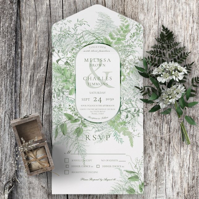 Modern Fern Grönt Foliage White Middag (Also available with a QR code or without dinner selection options.)