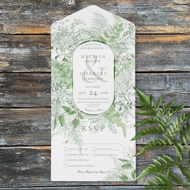 Modern Fern Grönt Foliage White Middag (Modern Fern Green Foliage White Dinner All In One Invitation)