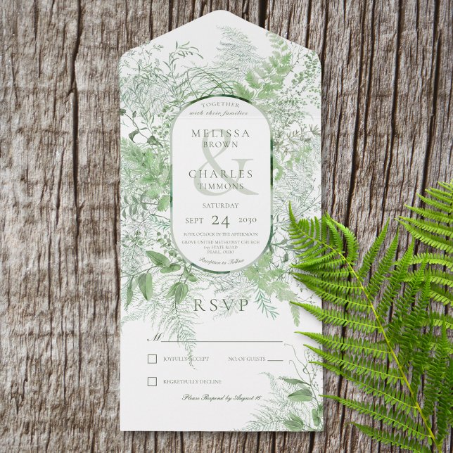 Modern Fern Grönt Foliage White No Middag (Also available with a QR code or with dinner selection options.)