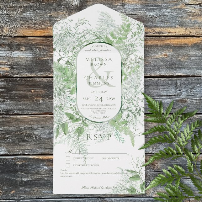 Modern Fern Grönt Foliage White No Middag (Modern Fern Green Foliage White No Dinner All In One Invitation)