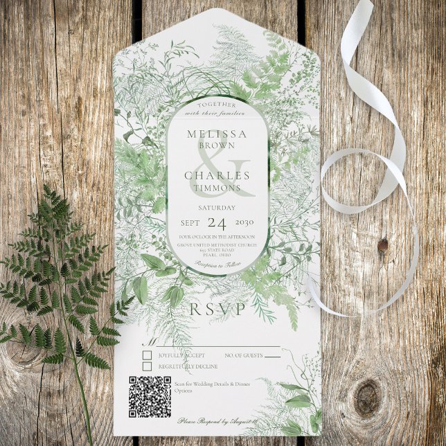 Modern Fern Grönt Foliage White QR-kod (Also available without a QR code; with or without dinner selection options.)