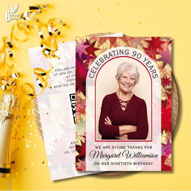 Modern FESTERAR 90 ÅR Nittioårsdag Inbjudningar (CELEBRATING 90 YEARS Birthday event invitation with arch photo and stars backdrop. Incl QR code.)