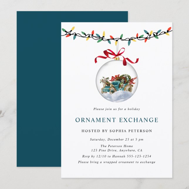 Modern Festive Christmas Ornament Exchange Party Inbjudningar (Fram/baksida)