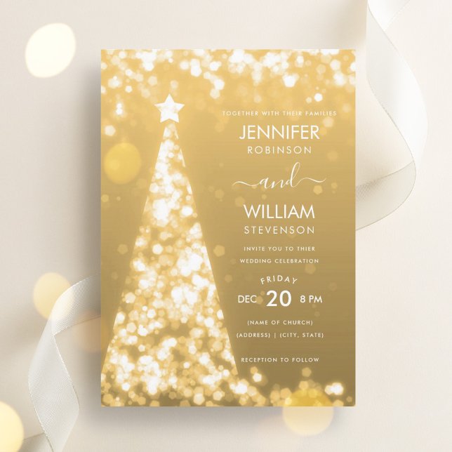 Modern festive Guld Träd jul Bröllop Inbjudningar (Modern Festive Gold Tree Christmas Wedding Invitation)