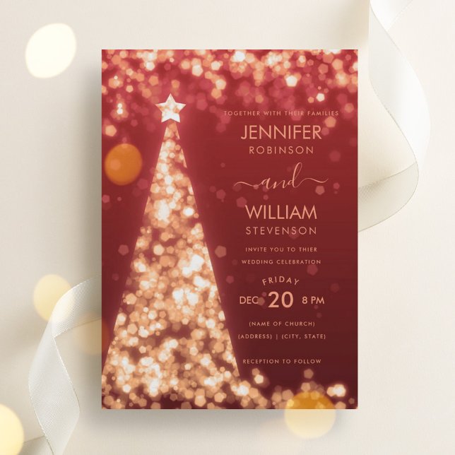 Modern festive Guld Träd jul Bröllop Inbjudningar (Modern Festive Gold Tree Christmas Wedding Invitation)