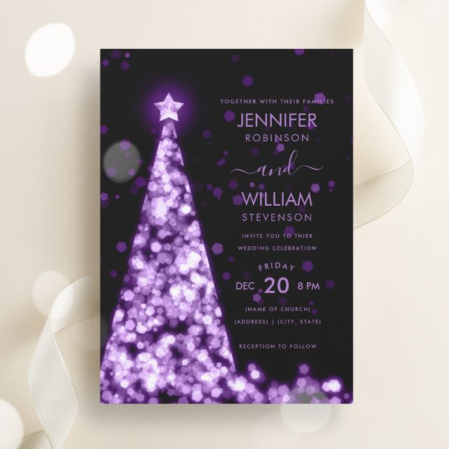 Modern Festive Lila Träd jul Bröllop Inbjudningar (Modern Festive Purple Tree Christmas Wedding Invitation)
