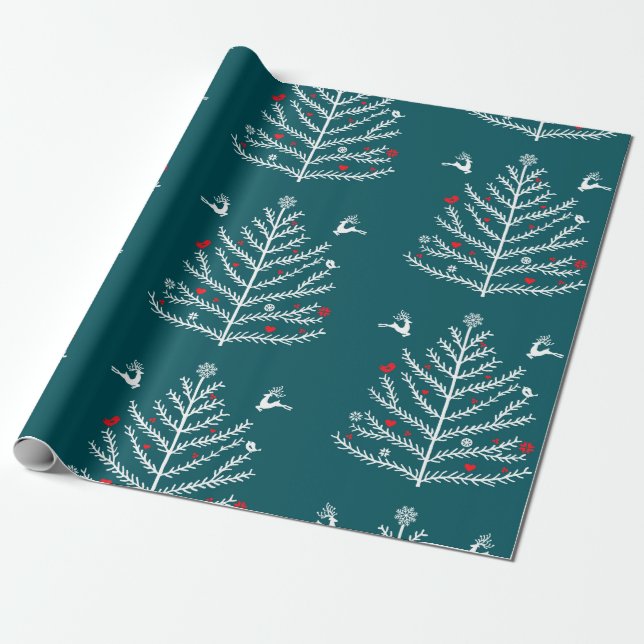 Modern Festive Nordic Julgran Hjort Blue Presentpapper (Utrullad)