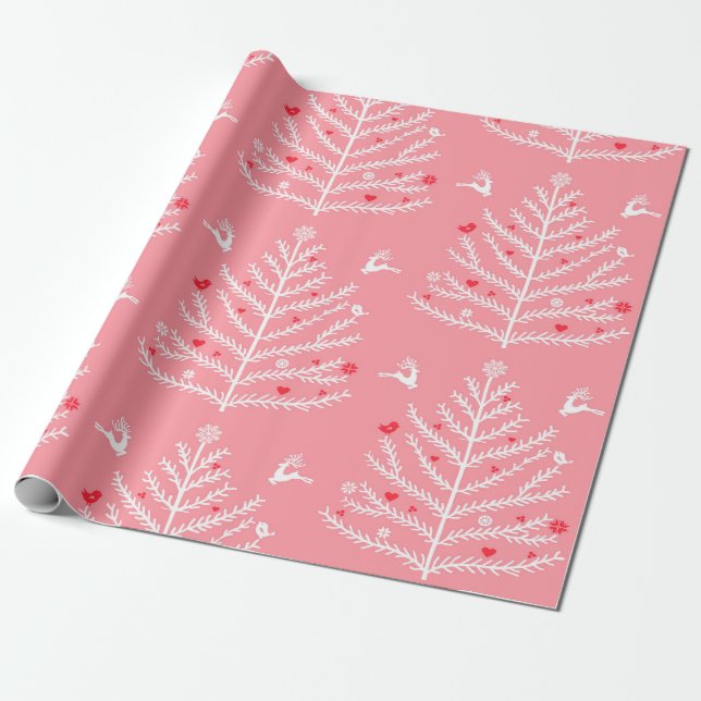 Modern Festive Nordic Julgran Hjort Rosa Presentpapper (Utrullad)