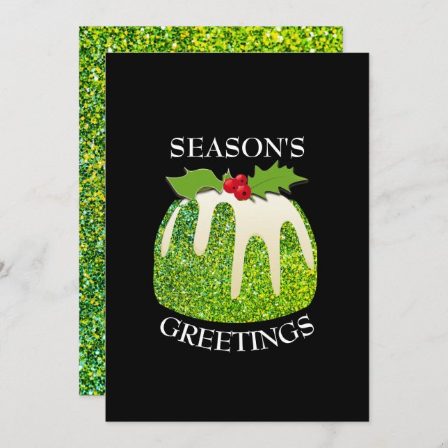 Modern Festive Pudding Grönt | GLITTER | Jul Julkort (Fram/baksida)