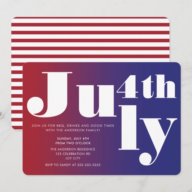 Modern Festive Red Blue Gradient 4 juli Inbjudningar (Fram/baksida)