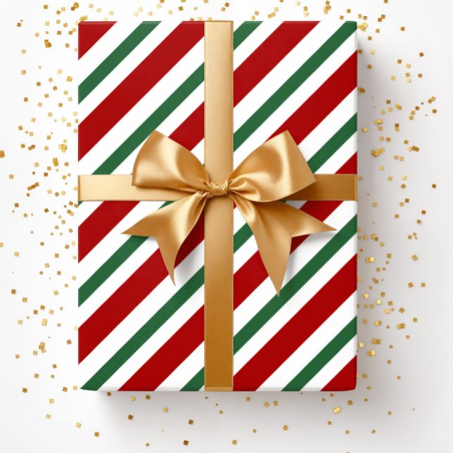 Modern Festive Red Grönt Rand jul Presentpapper (Christmas Red Green White Stripes Pattern Wrapping )