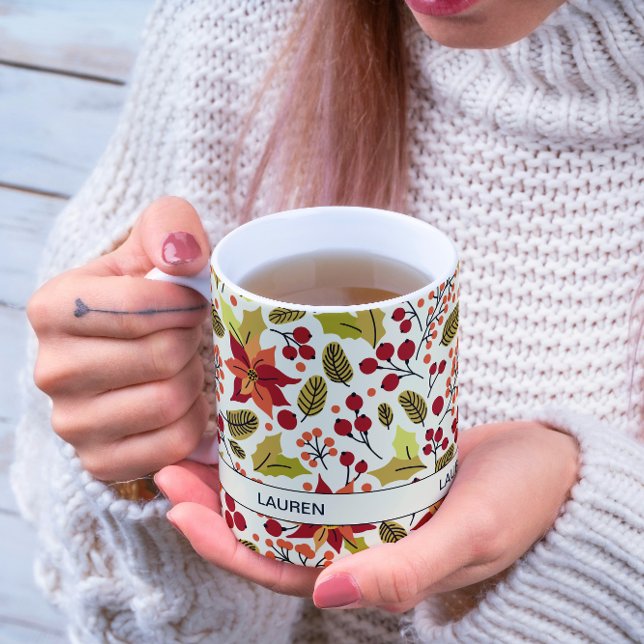 Modern Festive Red Orange Poinsettia Folk Pattern Kaffemugg (Skapare uppladdad)