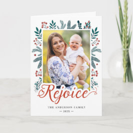 Modern festive Rejoice Script Gräs Berries Foto Helgkort
