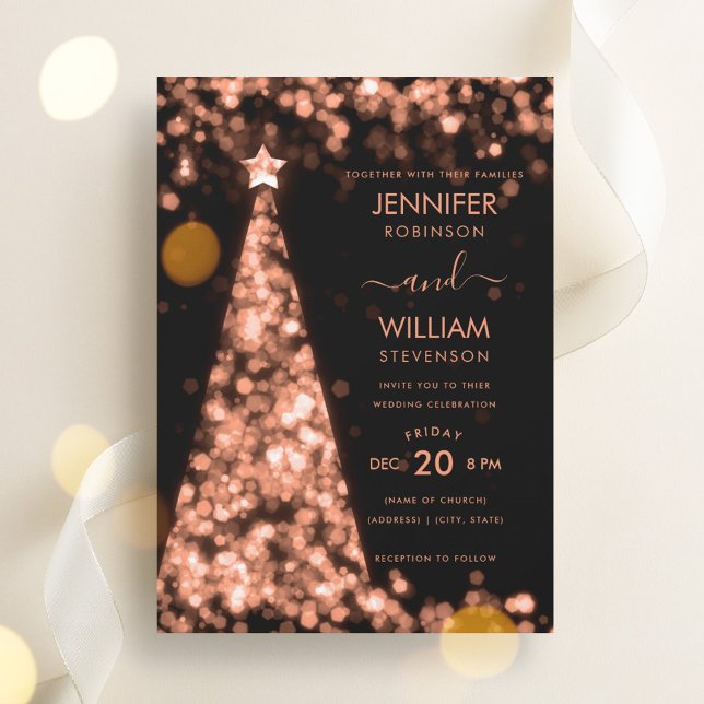 Modern festive Ro Guld Träd-jul Bröllop Inbjudningar (Modern Festive Rose Gold Tree Christmas Wedding Invitation)