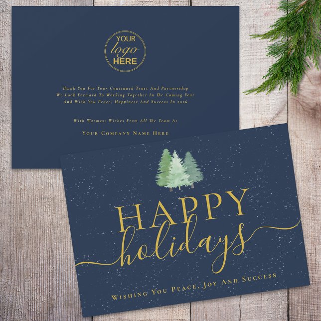 Modern Festive Träd Logotyp Navy Blue Guld Busines Julkort (Modern watercolor snowy christmas trees logo happy holidays navy blue & gold business holiday card)
