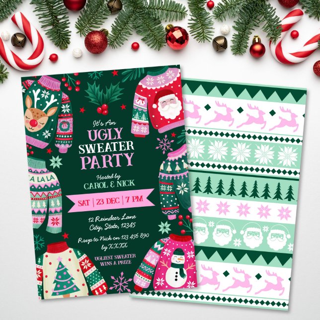 Modern Festive Ugly Sweater Red, Grönt och Rosa Inbjudningar (Modern Festive Ugly Sweater Red, Green and Pink Invitation)