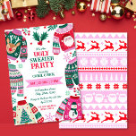 Modern Festive Ugly Sweater Red, Grönt och Rosa Inbjudningar<br><div class="desc">Denna moderna, fula tröjor har sex framstående, fula tröjor i en palett med rött, grönt och rosa i färg, dessa jumper har roligt motiv som tomten, renar, Julgranar och snögubbe omgivna av holly och bär, vintergrej, snöflingor och stjärnor. På baksidan av konstruktionen finns en formgivning med många julmotiv. Du kan...</div>