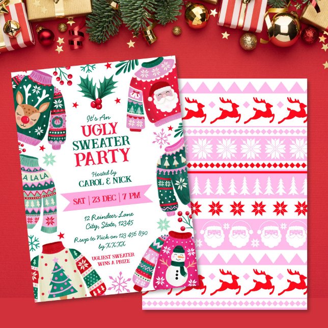 Modern Festive Ugly Sweater Red, Grönt och Rosa Inbjudningar (Modern Festive Ugly Sweater Red, Green and Pink Invitation)