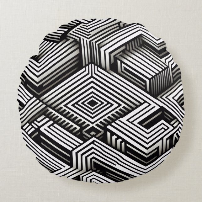 Modern fet abstrakt monokrom geometrisk mönster rund kudde (Framsidan)