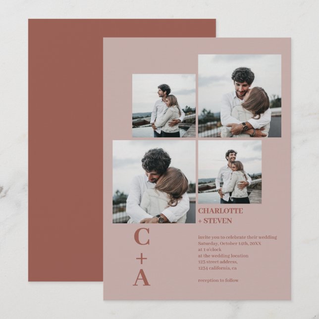 Modern fet boho brun 4 foton bröllop inbjudningar (Fram/baksida)