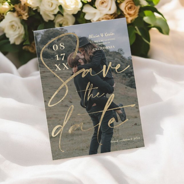 Modern fet guld-folie sparar datumfoto inbjudningar (Modern bold gold foil script save the date photo invitation)