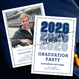 Modern fet klass 2026 marinblå examensfest inbjudningar