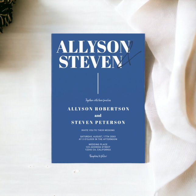 Modern fet namn-skript, blåfoto bröllop inbjudningar (Modern bold names script blue photo wedding invitation)