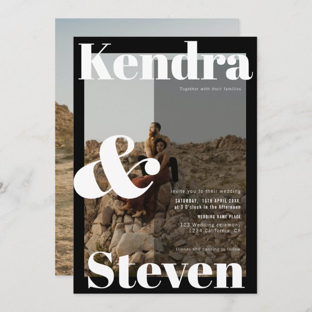 Modern fet namn svart, vit bild bröllop inbjudningar (Fram/baksida)