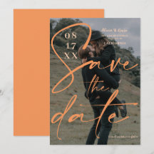 Modern fet orange-skript sparar datumfoto