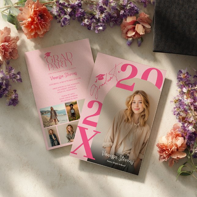 Modern fet retro rosa trendig 6 bilder examen inbjudningar (Modern Bold Retro Pink Trendy 6 photos graduation Invitation)