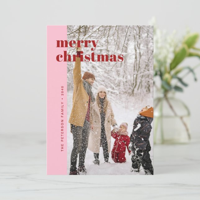 Modern fet röda och rosa God Jul-fotografi Julkort (Stående Fram)