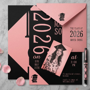Modern fet rosa svart foto-examensinbjudan 26! inbjudningar