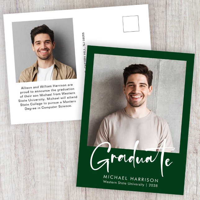 Modern fet skript, foto Grönt Studenten Meddelande Vykort (Modern Bold Script Photo Green Graduation Announcement Postcard)