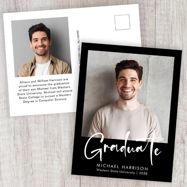 Modern fet stil Foto Black Studenten Meddelande Vykort (Modern White Script Black Photo Graduation Announcement Postcard)