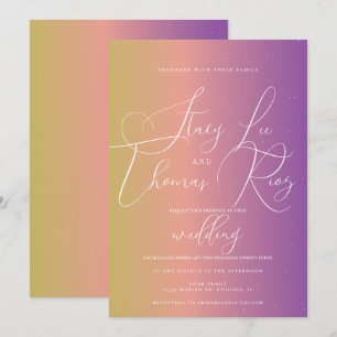 Modern fet stilfull ombre lila script bröllop inbjudningar