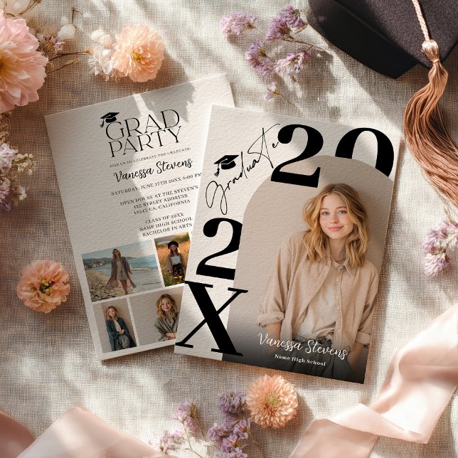 Modern fet stilren svart-vit examen 6 bilder inbjudningar (Modern Bold Black white Trendy 6 photos graduation Invitation)