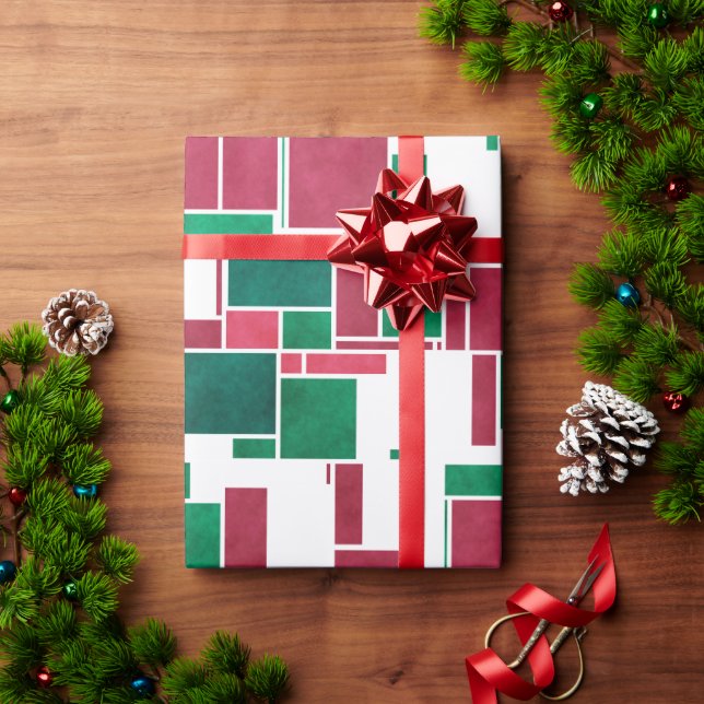 Modern fet stilrent rött och grönt jul Mondrian Presentpapper (Julgåva)