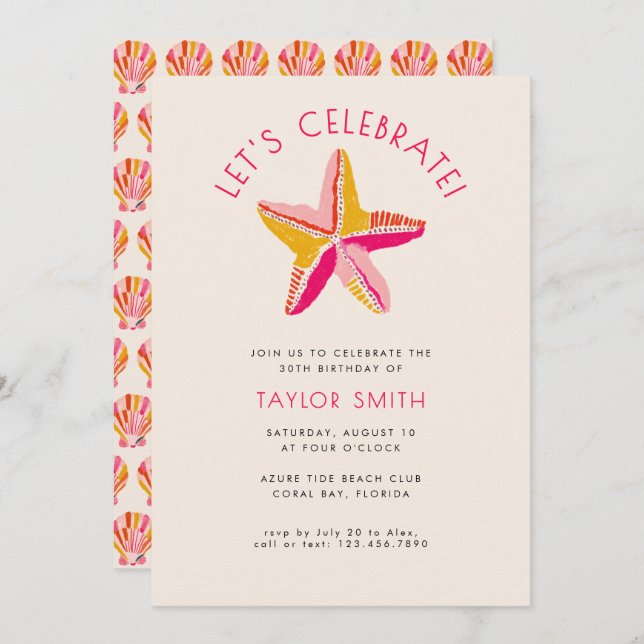 Modern fet strand sjöstjärna rosa födelsedagsfest inbjudningar (Fram/baksida)