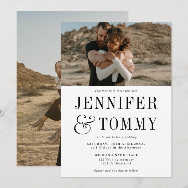 Modern fet, svart, vit foto bröllop inbjudningar (Fram/baksida)