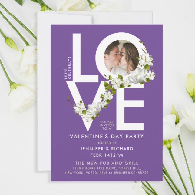 Modern Fet Typografi Vit Lila Kärlek Foto Blommig Inbjudningar (Skapare uppladdad)