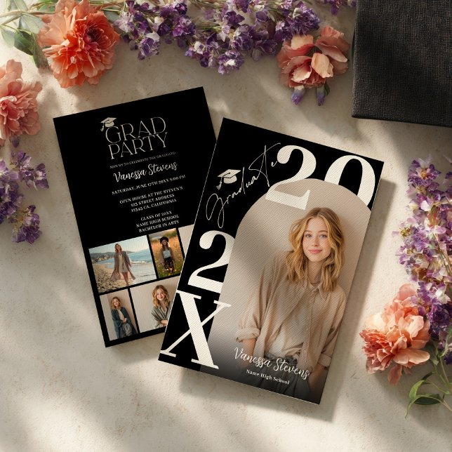 Modern fet vit svart trendig 6 bilder examen inbjudningar (Modern Bold White Black Trendy 6 photos graduation Invitation)