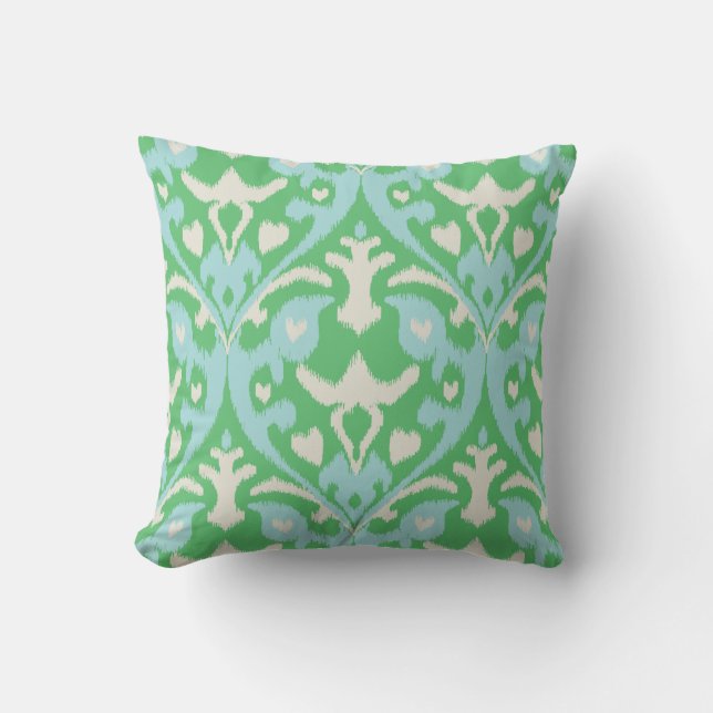 Modern fetbold grön blå ikat tribal mönster kudde (Framsida)