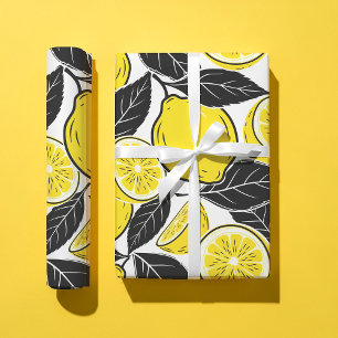Modern fetbold lemon & svarta blad Sömlöst mönster Presentpapper