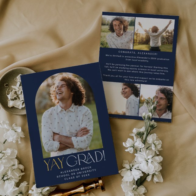 Modern Fete Navy Guld Yay Grad Photo Studenten Meddelande (Skapare uppladdad)
