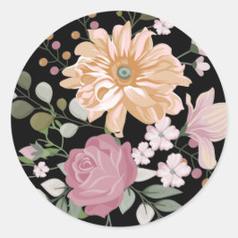 Modern fetgul & rosa blomster på svart runt klistermärke