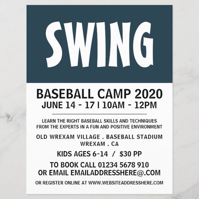 Modern Fetstil, Baseball Camp Reklam Flyer (Framsidan)
