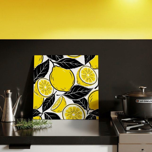 Modern fetstil Lemon & Svarta blad  Sömlöst mönste Kakelplatta (Skapare uppladdad)
