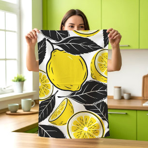 Modern fetstil Lemon & Svarta blad Sömlöst mönster Kökshandduk