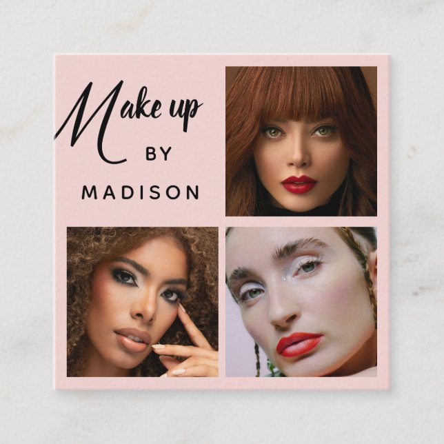 Modern Fetstilad Svart Skript 3 Foto Makeup Fyrkantigt Visitkort (Framsida)