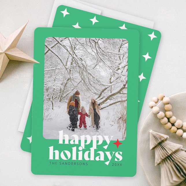 Modern Fetstilfylld Foto Grön Grafisk Typografi Julkort (Bold colorful happy holidays christmas card with family photo and stars )